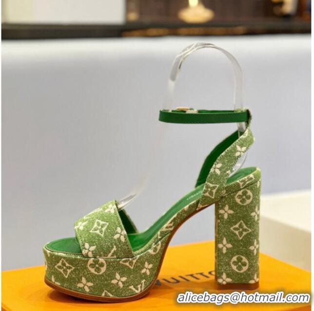 Cheap Price Louis Vuitton Fame Heel Platform Sandal 11.5cm in Green Monogram Denim 0329082