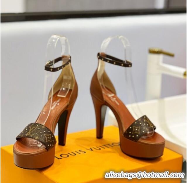 Sumptuous Louis Vuitton Afterglow Platform Sandal 11.5cm in Brown Leather and Studded Monogram Canvas 329086