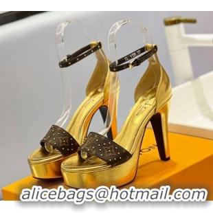 Pretty Style Louis Vuitton Afterglow Platform Sandal 11.5cm in Gold Leather and Studded Monogram Canvas 329089