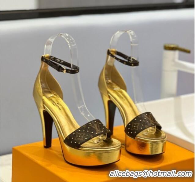 Pretty Style Louis Vuitton Afterglow Platform Sandal 11.5cm in Gold Leather and Studded Monogram Canvas 329089