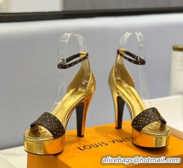 Pretty Style Louis Vuitton Afterglow Platform Sandal 11.5cm in Gold Leather and Studded Monogram Canvas 329089