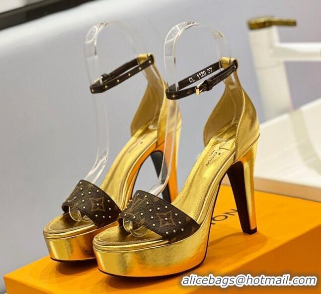 Pretty Style Louis Vuitton Afterglow Platform Sandal 11.5cm in Gold Leather and Studded Monogram Canvas 329089