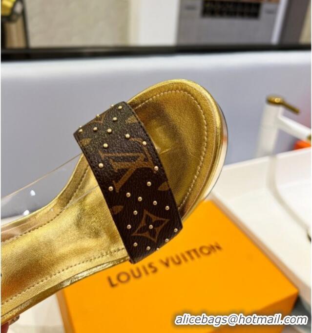 Pretty Style Louis Vuitton Afterglow Platform Sandal 11.5cm in Gold Leather and Studded Monogram Canvas 329089