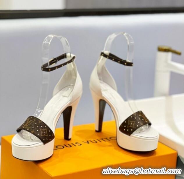 Luxury Louis Vuitton Afterglow Platform Sandal 11.5cm in White Leather and Studded Monogram Canvas 329090