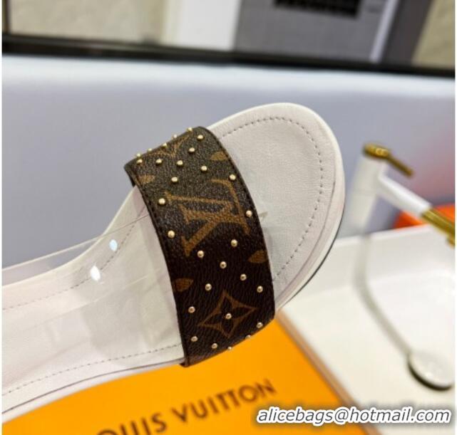 Luxury Louis Vuitton Afterglow Platform Sandal 11.5cm in White Leather and Studded Monogram Canvas 329090