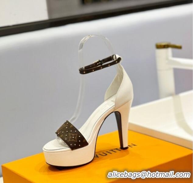 Luxury Louis Vuitton Afterglow Platform Sandal 11.5cm in White Leather and Studded Monogram Canvas 329090