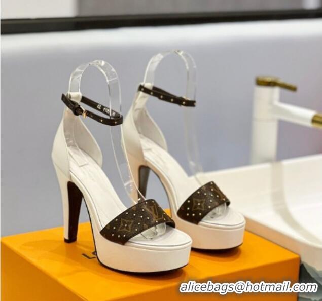 Luxury Louis Vuitton Afterglow Platform Sandal 11.5cm in White Leather and Studded Monogram Canvas 329090