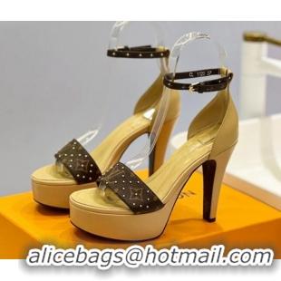 Good Quality Louis Vuitton Afterglow Platform Sandal 11.5cm in Beige Leather and Studded Monogram Canvas 329091