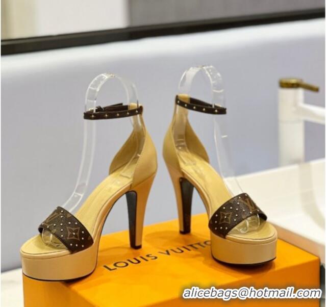 Good Quality Louis Vuitton Afterglow Platform Sandal 11.5cm in Beige Leather and Studded Monogram Canvas 329091