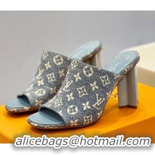 Classic Hot Louis Vuitton Silhouette Slide Sandals 8cm in Leather and Monogram Denim Light Blue 329096