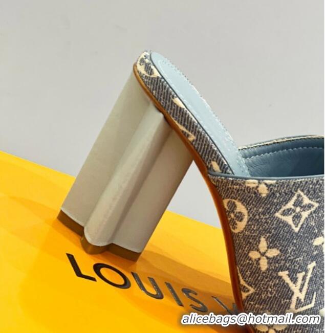 Classic Hot Louis Vuitton Silhouette Slide Sandals 8cm in Leather and Monogram Denim Light Blue 329096