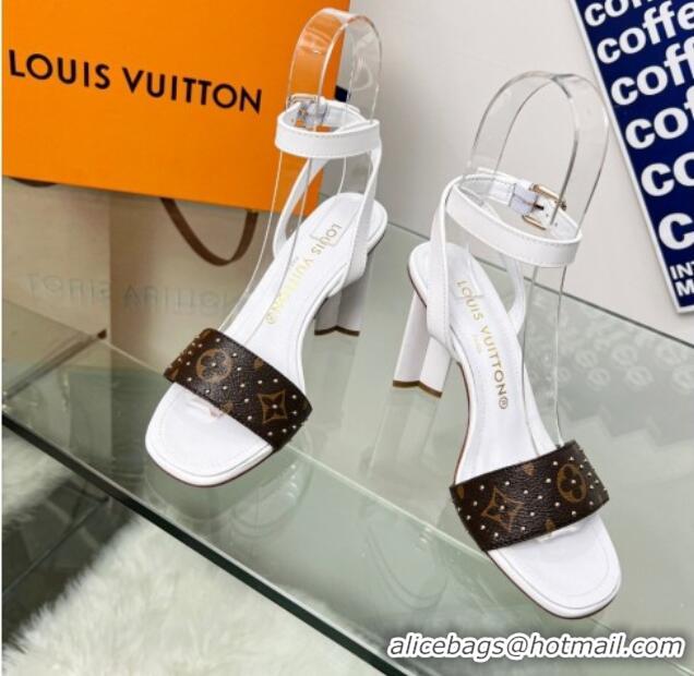 Grade Quality Louis Vuitton Silhouette Sandals 8cm in Optic White Leather and Studded Monogram Canvas 329097