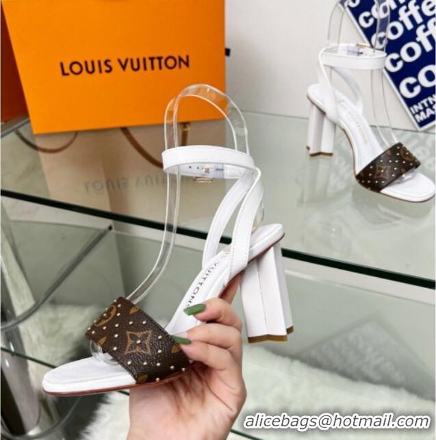 Grade Quality Louis Vuitton Silhouette Sandals 8cm in Optic White Leather and Studded Monogram Canvas 329097