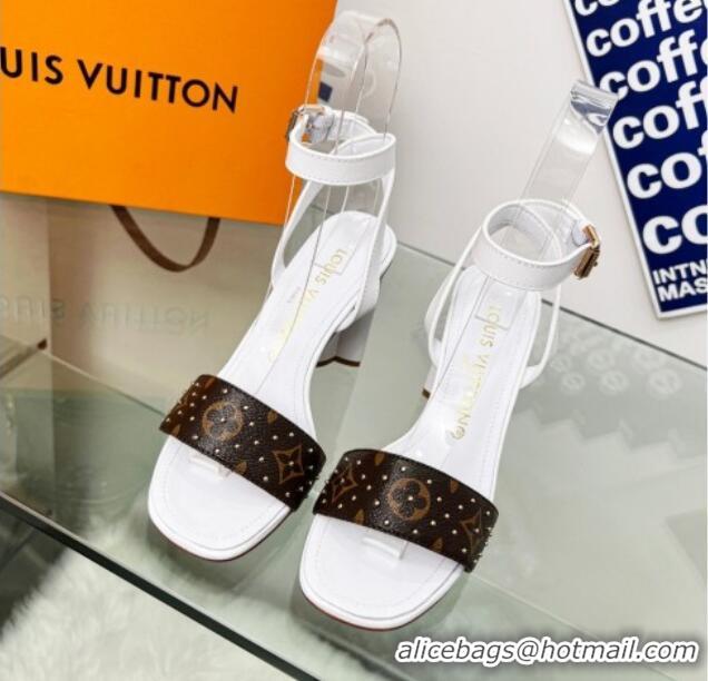 Grade Quality Louis Vuitton Silhouette Sandals 8cm in Optic White Leather and Studded Monogram Canvas 329097