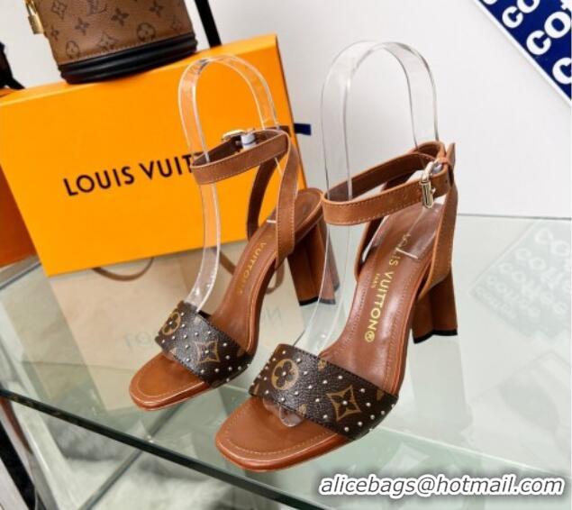 Sumptuous Louis Vuitton Silhouette Sandals 8cm in Brown Leather and Studded Monogram Canvas 329098