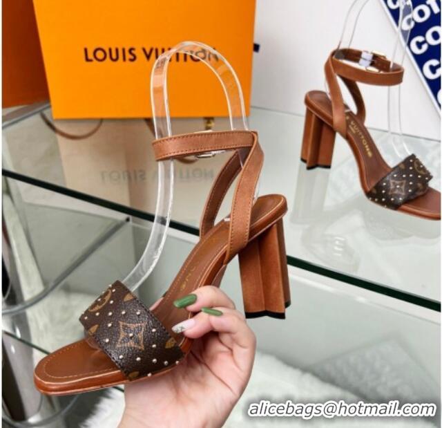 Sumptuous Louis Vuitton Silhouette Sandals 8cm in Brown Leather and Studded Monogram Canvas 329098