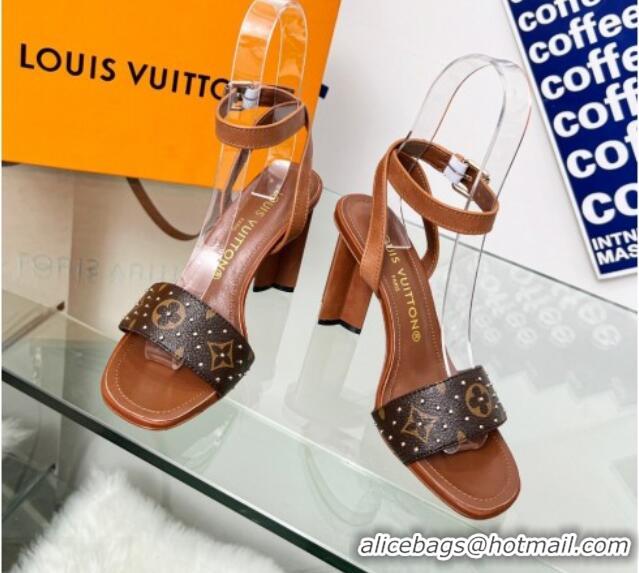 Sumptuous Louis Vuitton Silhouette Sandals 8cm in Brown Leather and Studded Monogram Canvas 329098