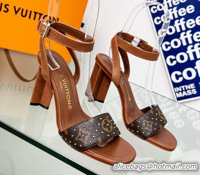 Sumptuous Louis Vuitton Silhouette Sandals 8cm in Brown Leather and Studded Monogram Canvas 329098