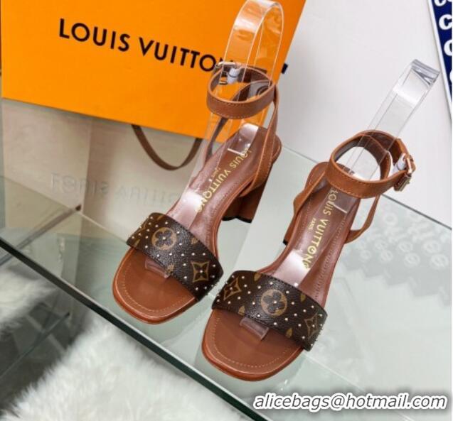 Sumptuous Louis Vuitton Silhouette Sandals 8cm in Brown Leather and Studded Monogram Canvas 329098