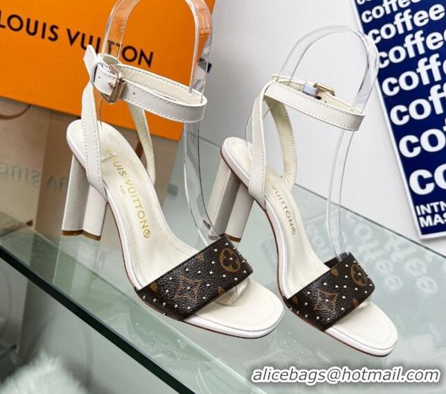 Low Price Louis Vuitton Silhouette Sandals 8cm in Cream White Leather and Studded Monogram Canvas 329101