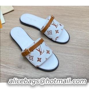 Best Grade Louis Vuitton Grained Leather Flat Slide Sandals with Buckle White 0329103