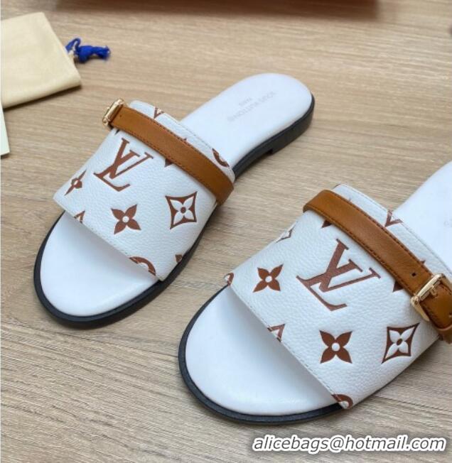 Best Grade Louis Vuitton Grained Leather Flat Slide Sandals with Buckle White 0329103