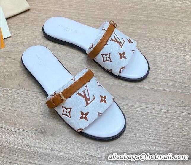 Best Grade Louis Vuitton Grained Leather Flat Slide Sandals with Buckle White 0329103