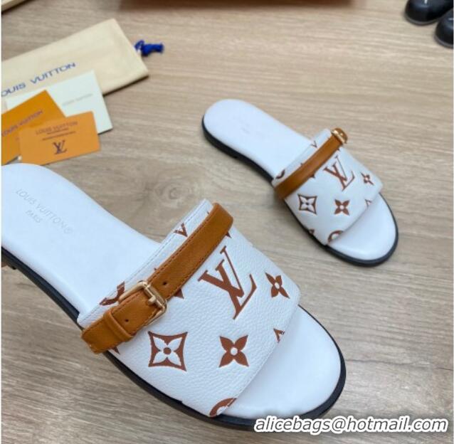 Best Grade Louis Vuitton Grained Leather Flat Slide Sandals with Buckle White 0329103