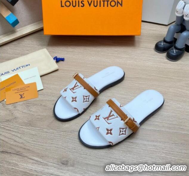 Best Grade Louis Vuitton Grained Leather Flat Slide Sandals with Buckle White 0329103