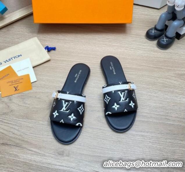 Discount Louis Vuitton Grained Leather Flat Slide Sandals with Buckle Black 0329104