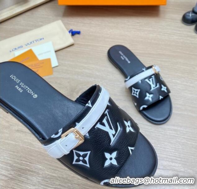 Discount Louis Vuitton Grained Leather Flat Slide Sandals with Buckle Black 0329104