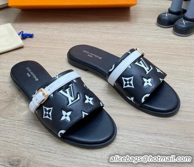 Discount Louis Vuitton Grained Leather Flat Slide Sandals with Buckle Black 0329104