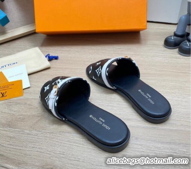 Discount Louis Vuitton Grained Leather Flat Slide Sandals with Buckle Black 0329104