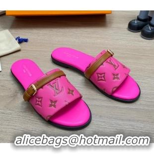 Top Grade Louis Vuitton Grained Leather Flat Slide Sandals with Buckle Dark Pink 0329105