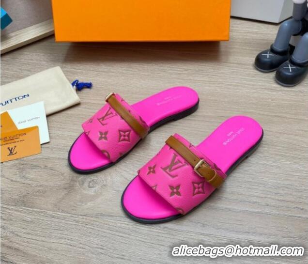 Top Grade Louis Vuitton Grained Leather Flat Slide Sandals with Buckle Dark Pink 0329105