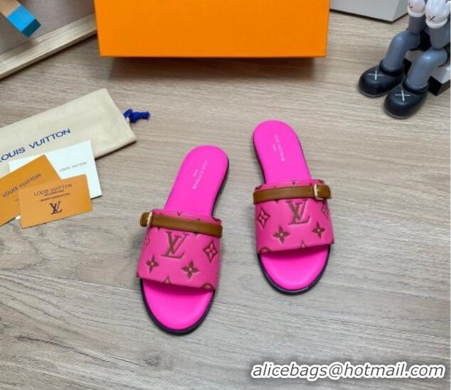 Top Grade Louis Vuitton Grained Leather Flat Slide Sandals with Buckle Dark Pink 0329105