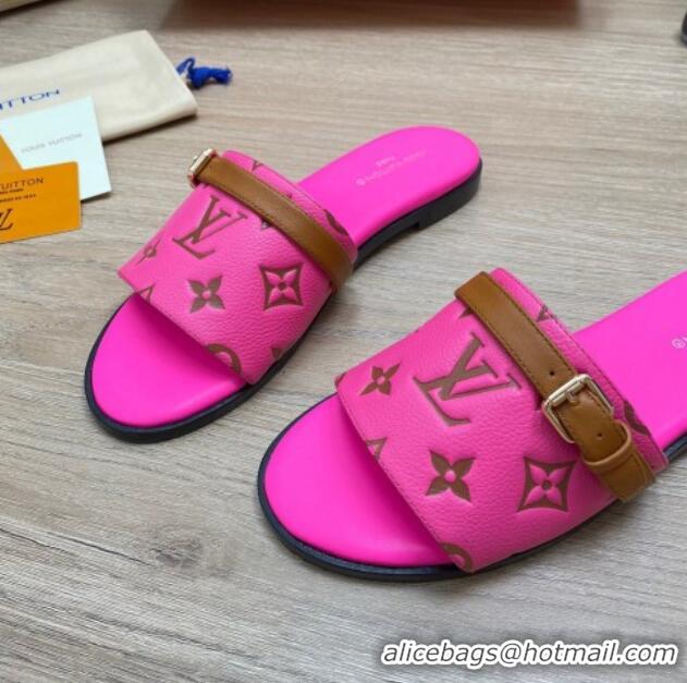 Top Grade Louis Vuitton Grained Leather Flat Slide Sandals with Buckle Dark Pink 0329105