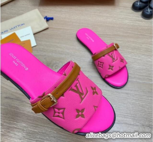 Top Grade Louis Vuitton Grained Leather Flat Slide Sandals with Buckle Dark Pink 0329105