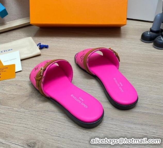 Top Grade Louis Vuitton Grained Leather Flat Slide Sandals with Buckle Dark Pink 0329105