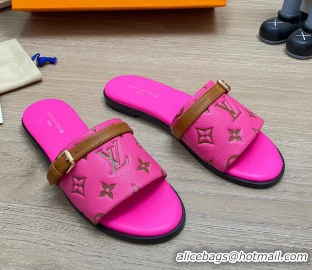 Top Grade Louis Vuitton Grained Leather Flat Slide Sandals with Buckle Dark Pink 0329105