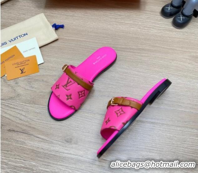 Top Grade Louis Vuitton Grained Leather Flat Slide Sandals with Buckle Dark Pink 0329105