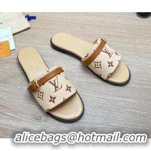 Pretty Style Louis Vuitton Grained Leather Flat Slide Sandals with Buckle Beige 0329106