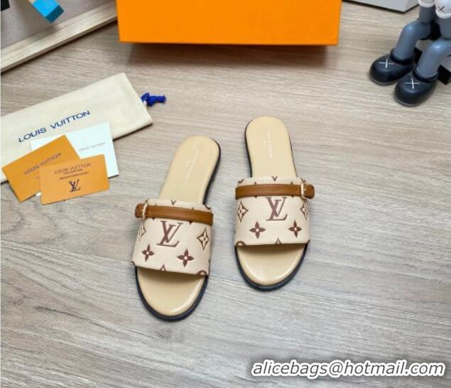 Pretty Style Louis Vuitton Grained Leather Flat Slide Sandals with Buckle Beige 0329106