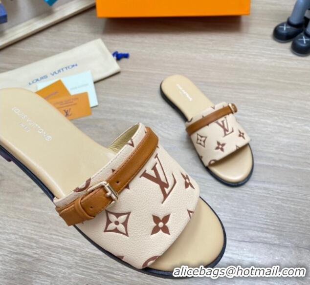 Pretty Style Louis Vuitton Grained Leather Flat Slide Sandals with Buckle Beige 0329106