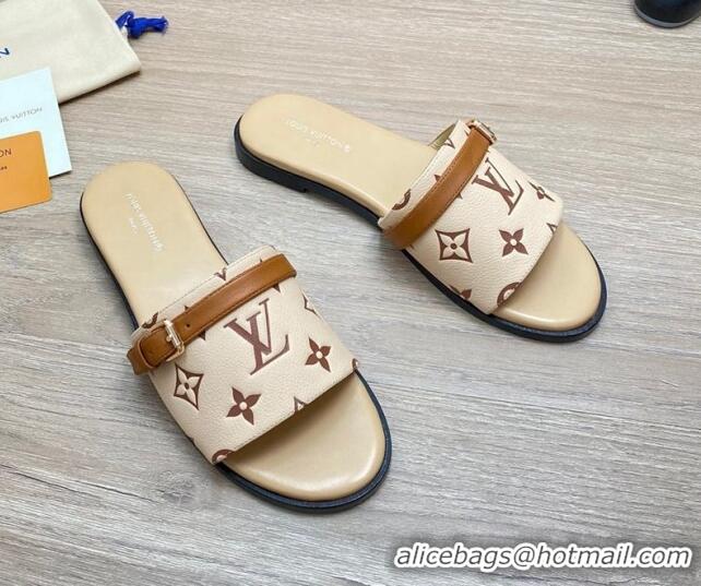 Pretty Style Louis Vuitton Grained Leather Flat Slide Sandals with Buckle Beige 0329106