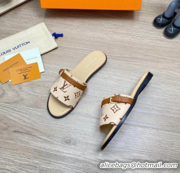 Pretty Style Louis Vuitton Grained Leather Flat Slide Sandals with Buckle Beige 0329106