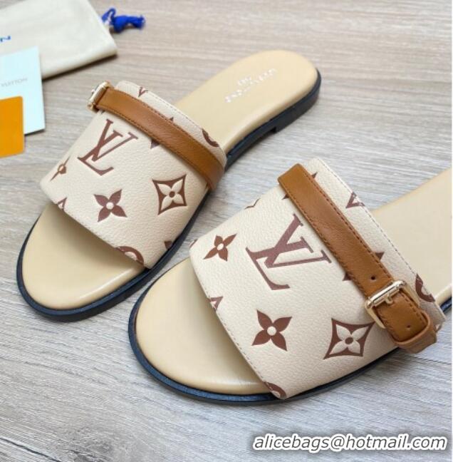 Pretty Style Louis Vuitton Grained Leather Flat Slide Sandals with Buckle Beige 0329106