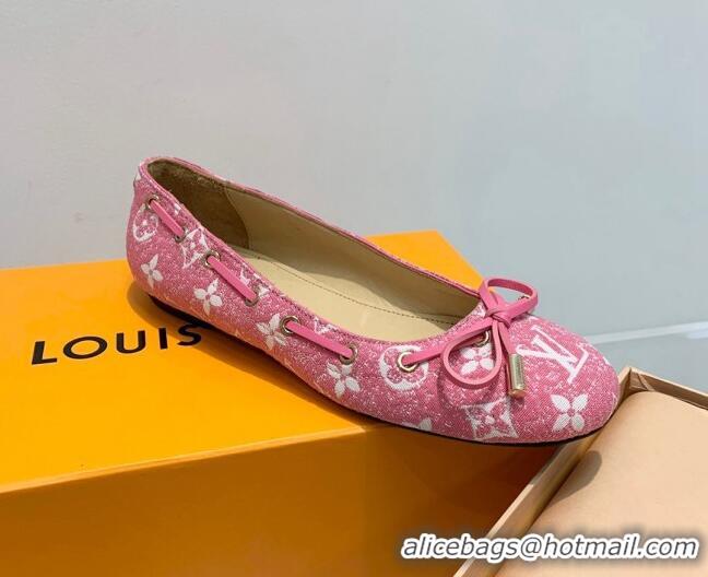 Hot Style Louis Vuitton Monogram Denim Ballerinas with Bow Light Pink 407126