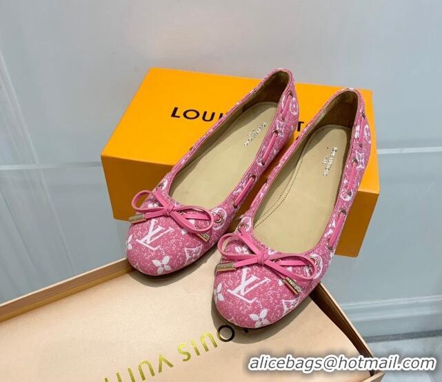 Hot Style Louis Vuitton Monogram Denim Ballerinas with Bow Light Pink 407126