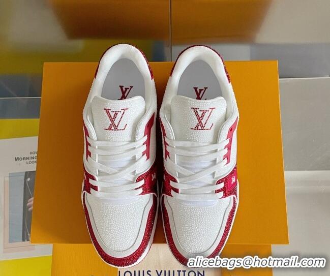 Best Grade Louis Vuitton LV Trainer Sneakers with Allover Crystals White/Red 0412001